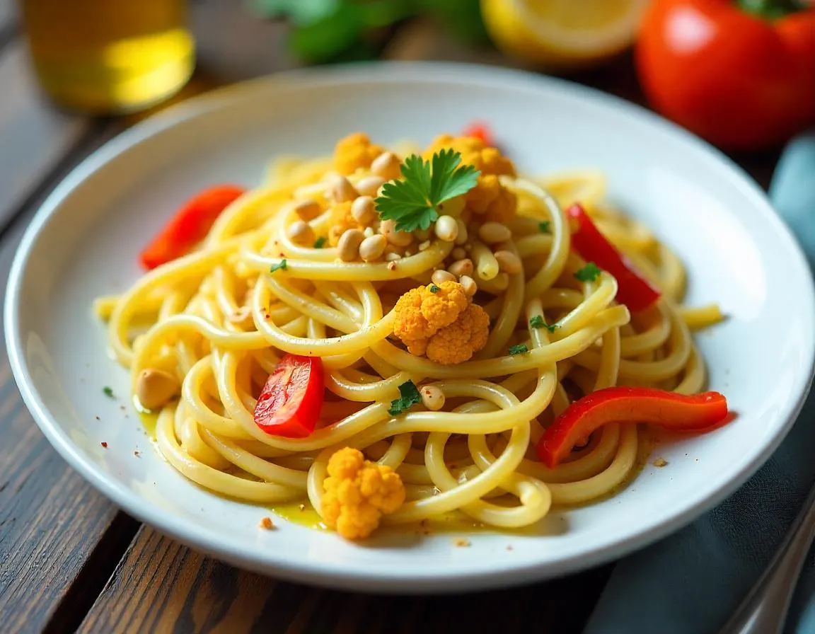 Aglio E Olio Pasta with Roasted Cauliflower, Peppers & Cashew Nuts