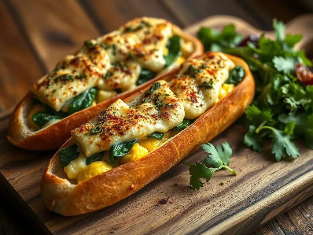 Bread Boats Filled With Spinach, Eggs And Sandwich Spread