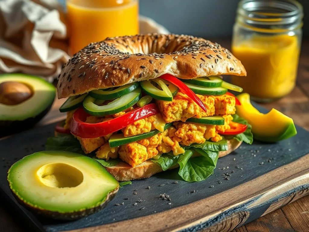 Breakfast Bagel Sandwich With Guacamole & Vegetables