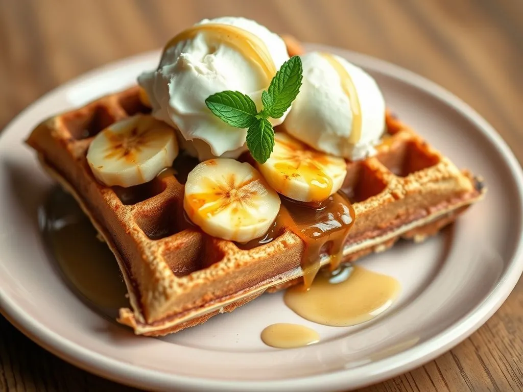 Buckwheat & Oat Waffle : A Decadent Treat with Bananas & Creamy Vanilla Ice Cream