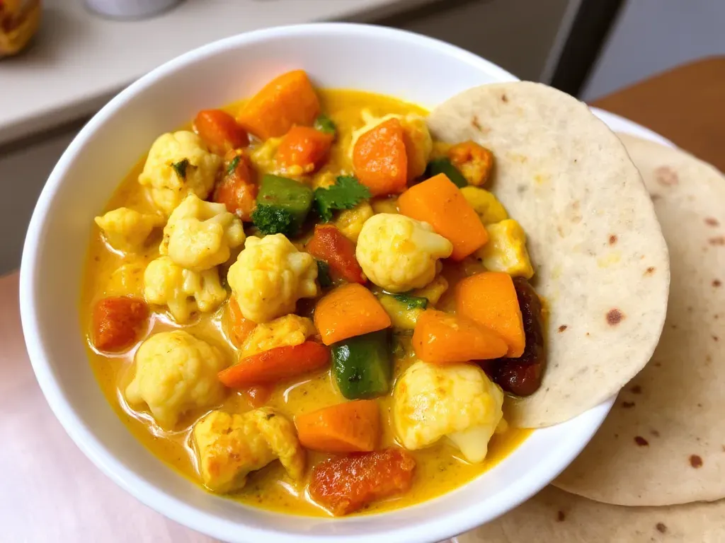 Cauliflower Curry With Bell Peppers And Carrots In Spiced Milk Gravy