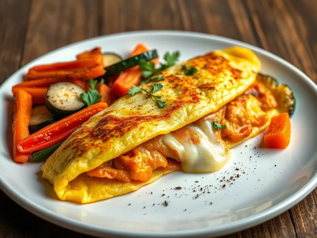 Cheesy Masala Omelette With Roasted Vegetables
