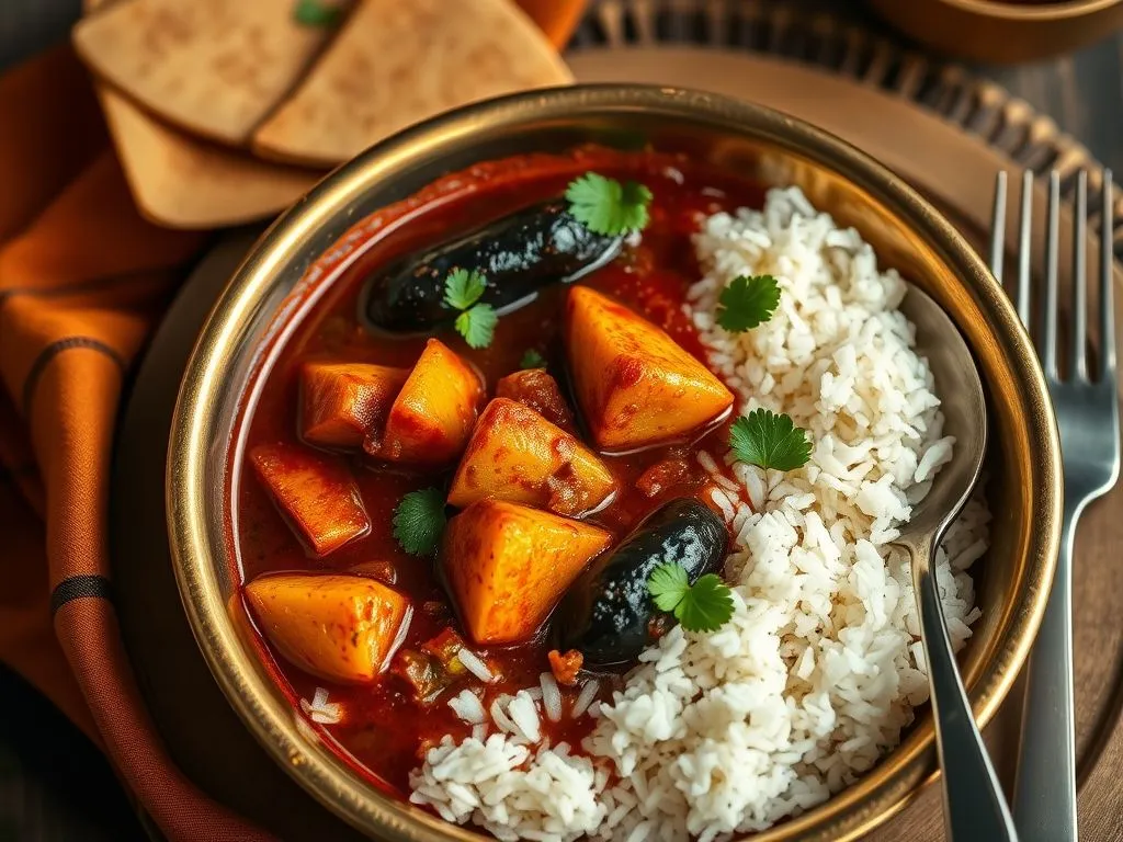 Chettinad Style Kara Kuzhambu with Potato and Brinjal