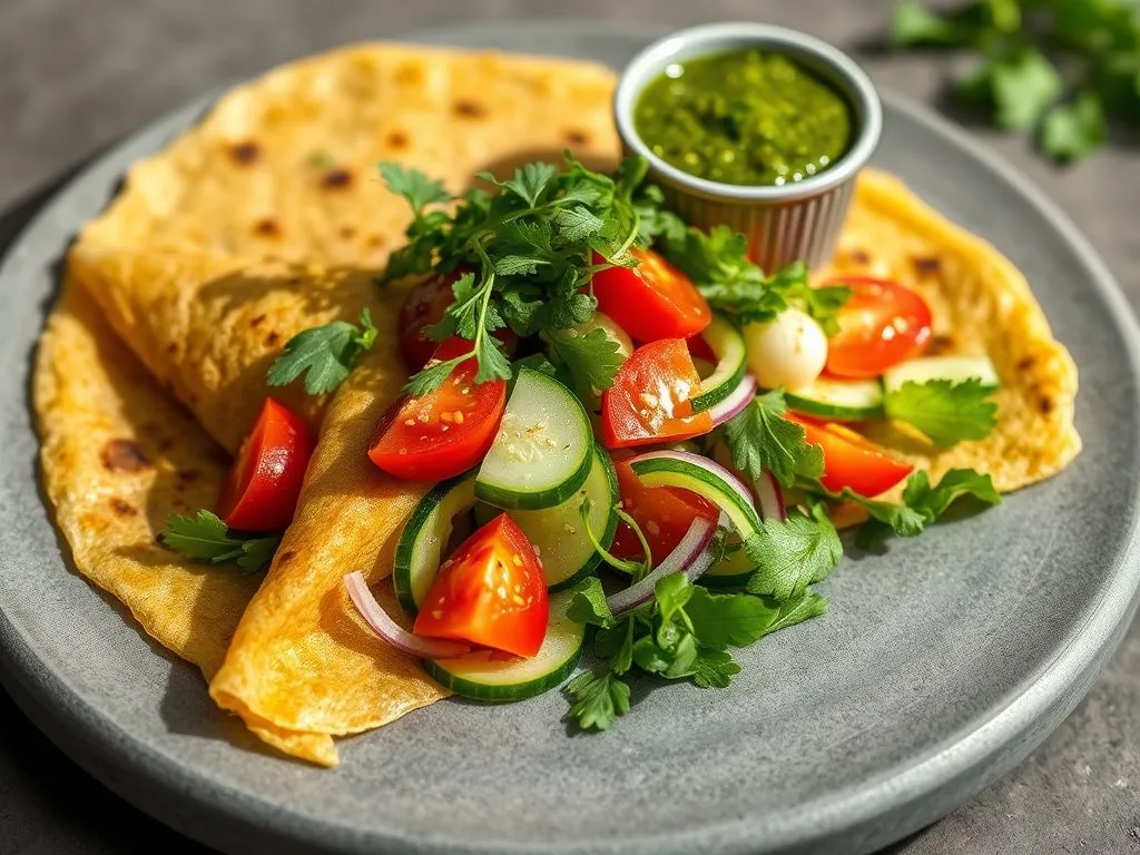 Chickpea Flour Crepes With Salad And Chutney Spread