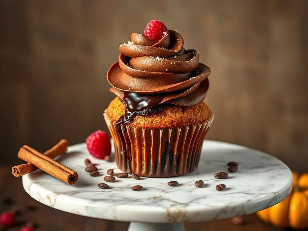Chocolate Filled Pumpkin Cupcake With Raspberry Topping
