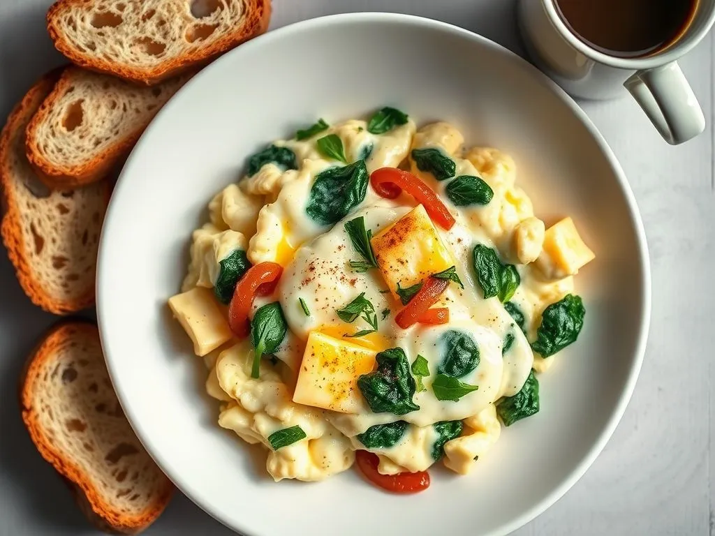 Egg White Cheese Scrambled Eggs With Spinach & Caramelized Onion