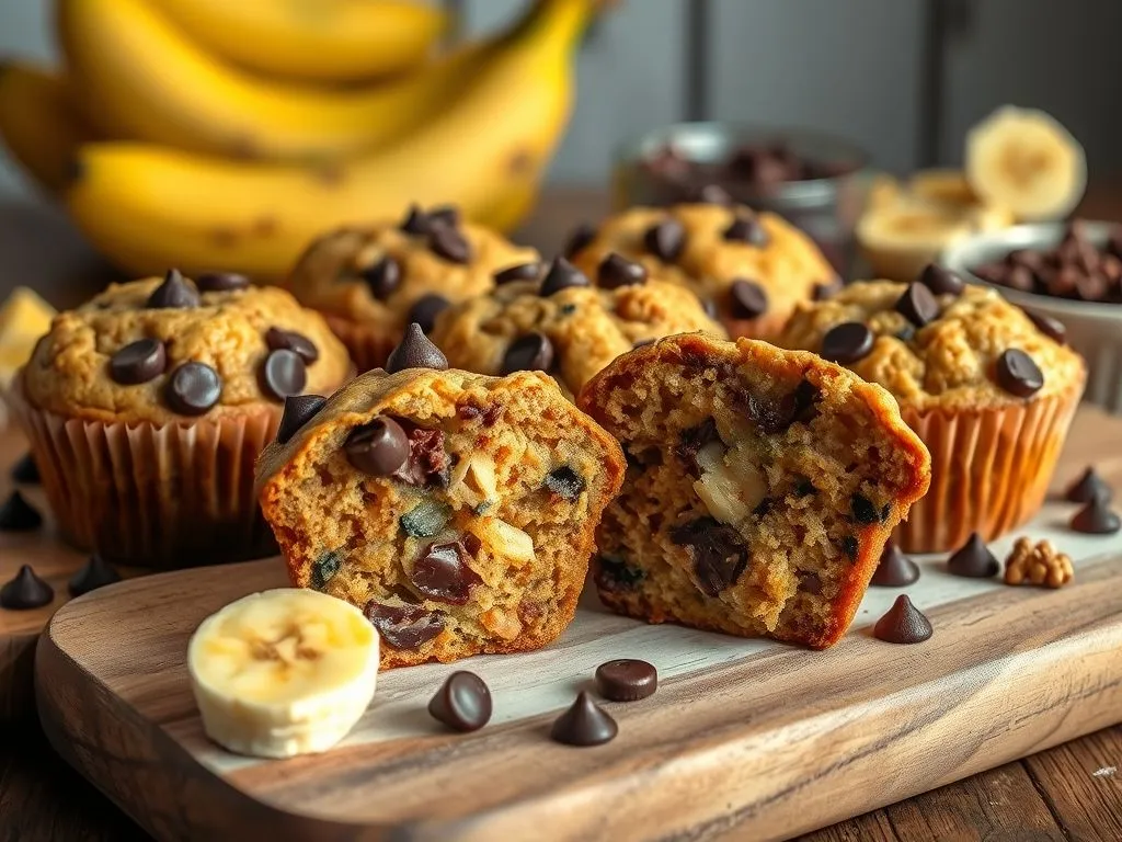 Eggless Banana Walnut Chocolate Chip Muffin