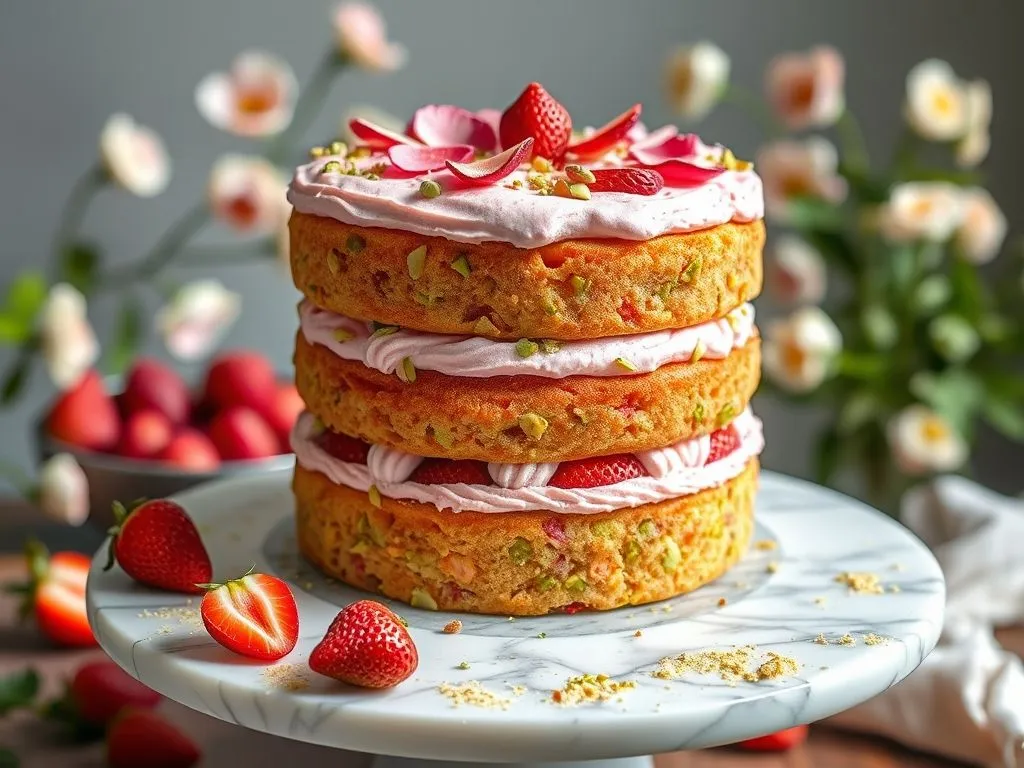 Eggless Strawberry, Rose And Pistachio Cake