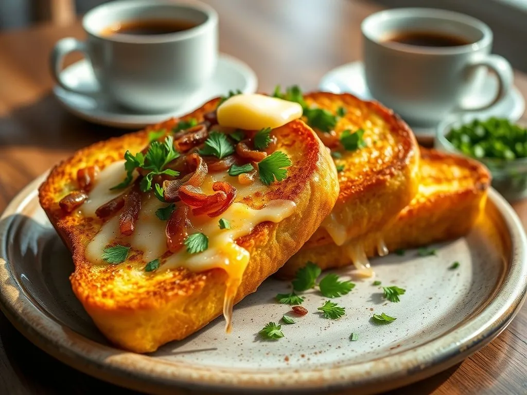 French Toast Topped with Cheese Onion and Parsley