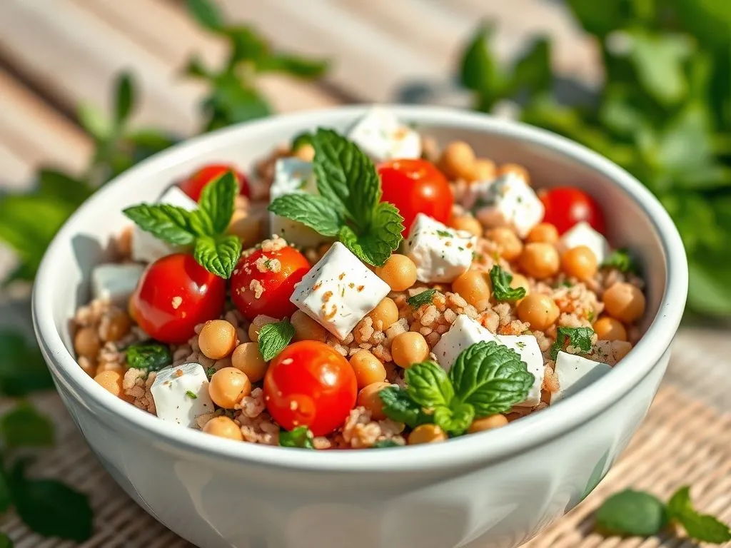 Greek Style Broken Wheat Salad with Chickpeas, Fresh Mint & Feta