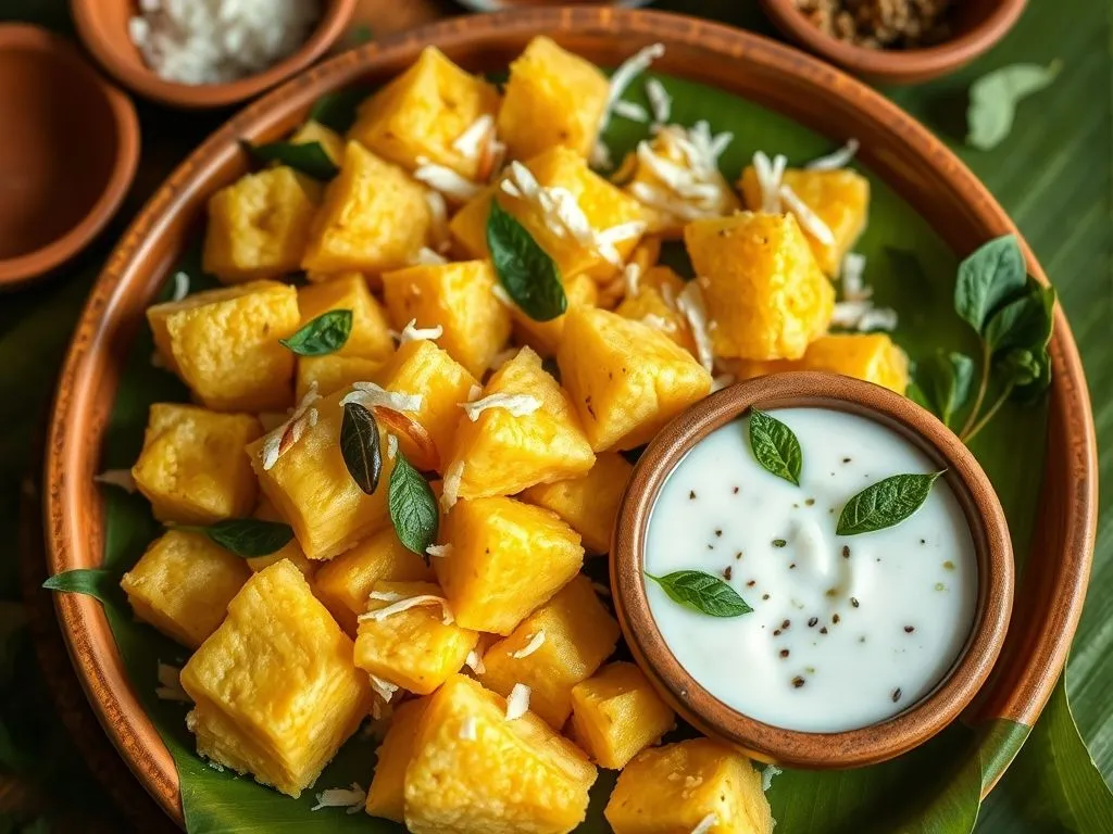 Kerala Style Tapioca with Coconut Curd Chutney