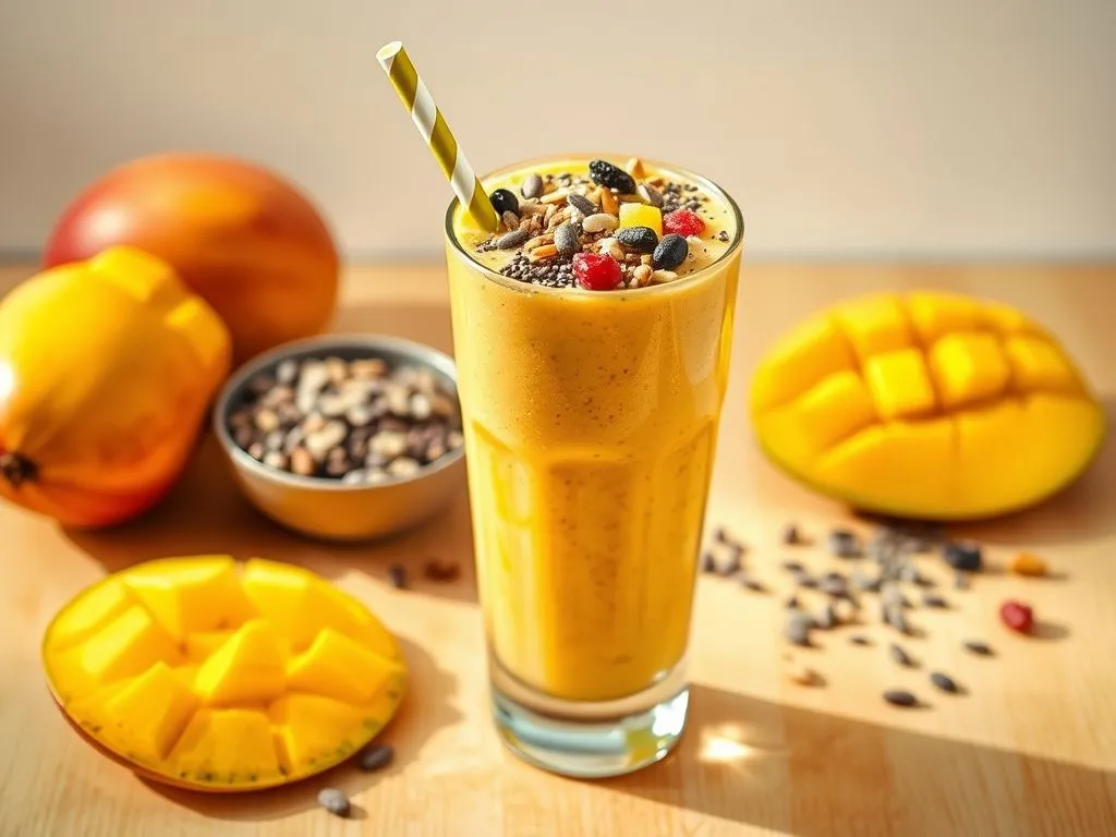 Mango Chia Seeds Smoothie Topped with Muesli