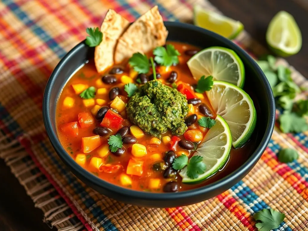 Mexican Fiesta Soup With Roasted Tomatillo Pesto