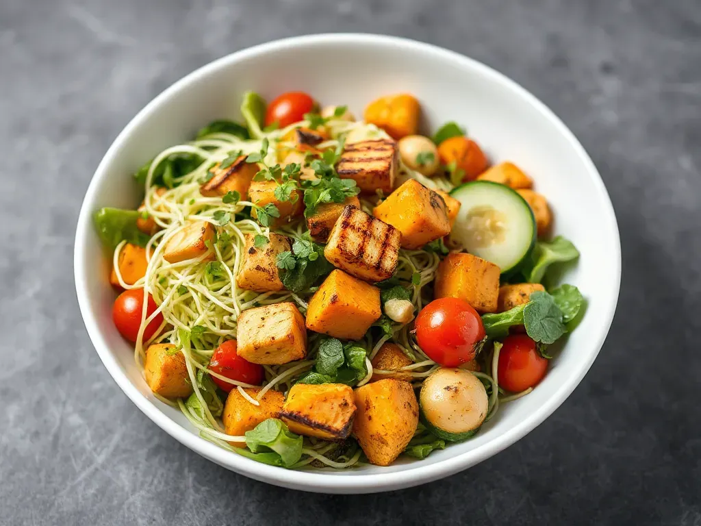 Mung Bean & Tofu Salad With Sweet Potatoes, Cucumbers & Tomatoes