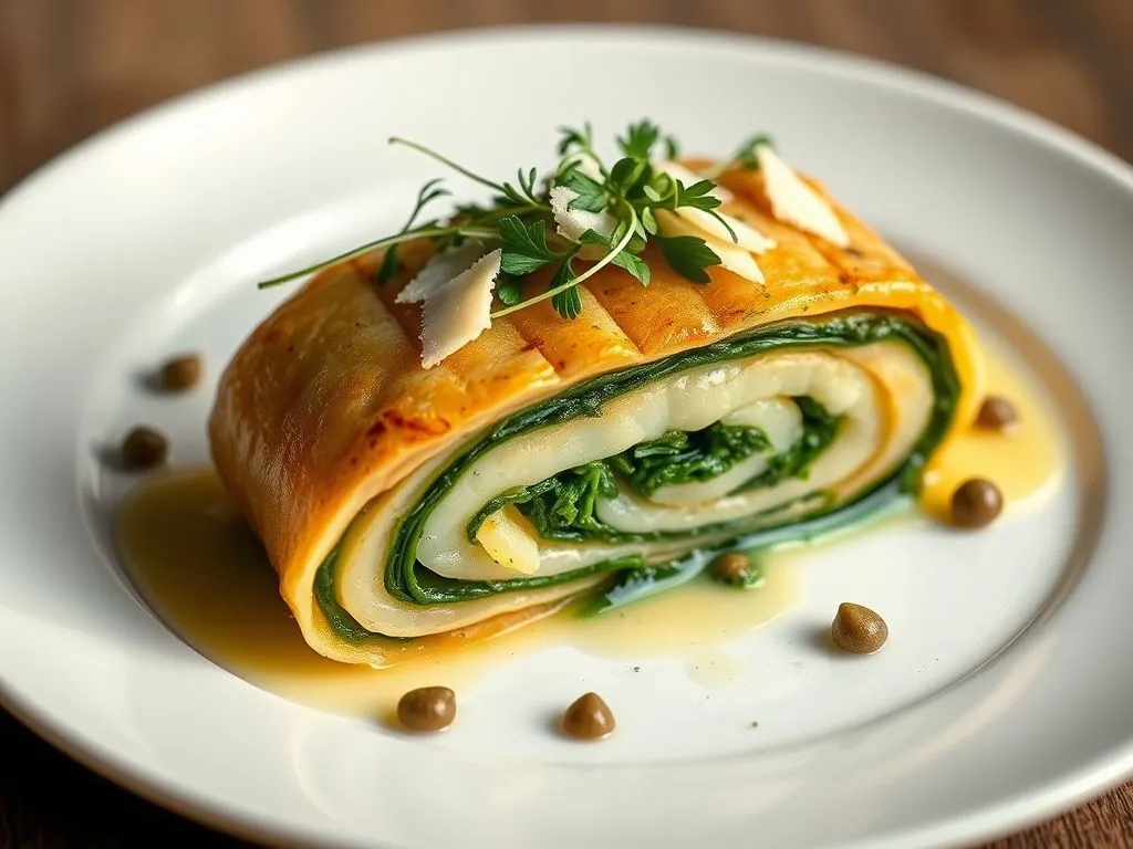 Potato Spinach Roulade With Parmesan Cheese & Herbed Butter Sauce
