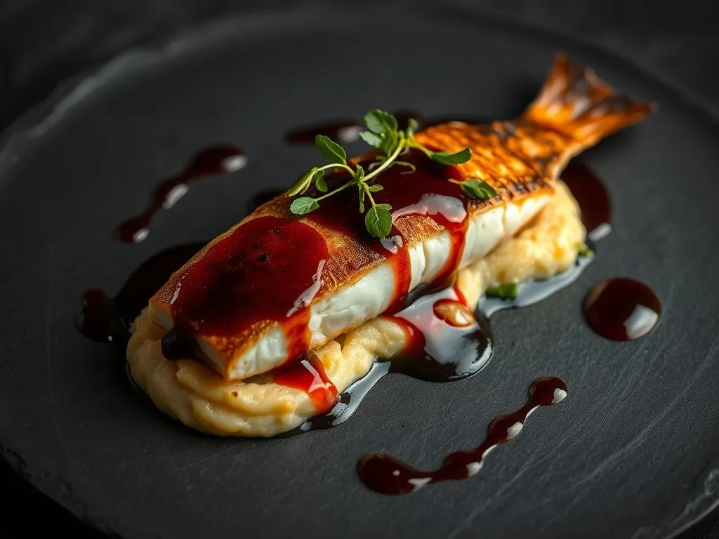 Red Wine Sauce Over Baked Sol Fish