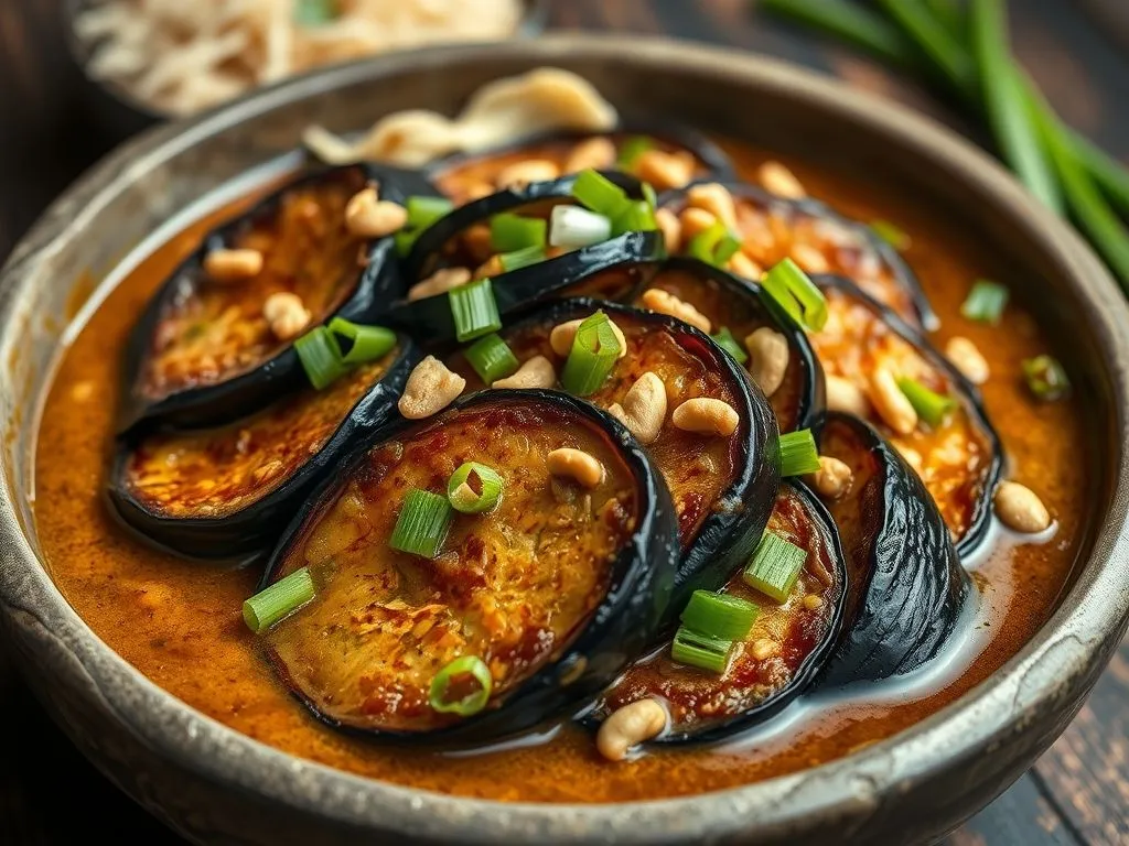 Roasted Eggplant In Peanut Curry Spiced With Schezwan Sauce