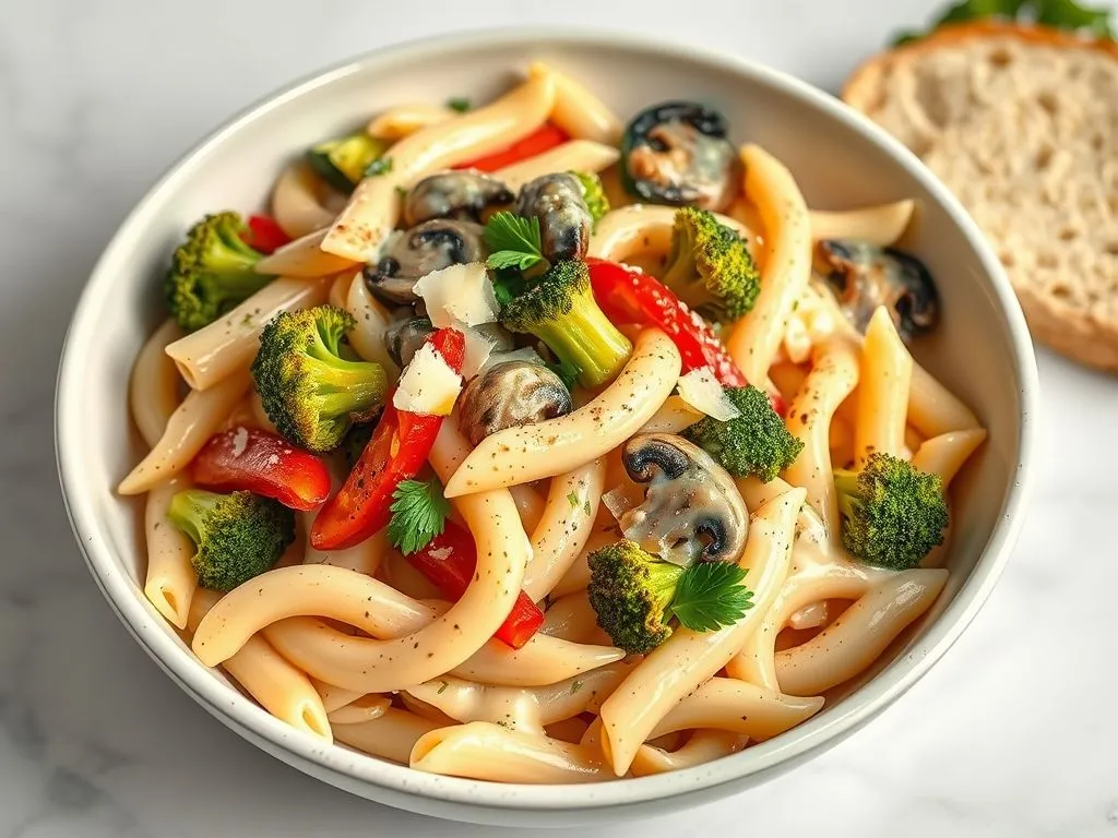Roasted Vegetable Pasta In Creamy White Sauce