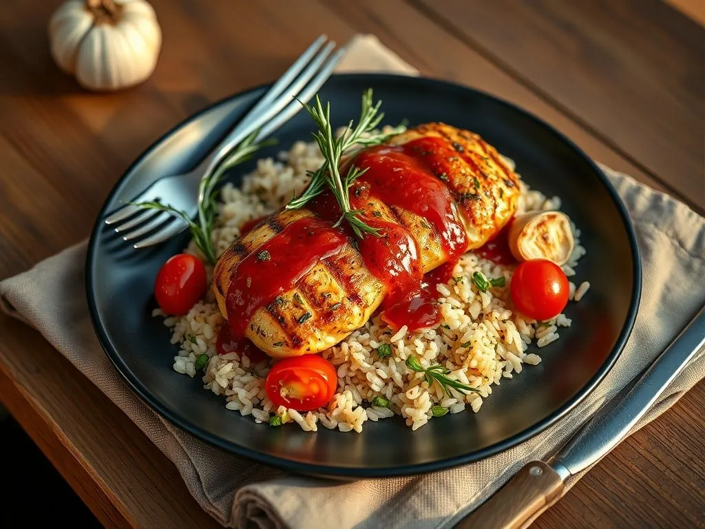 Rosemary Chicken Rice With Spicy Tomato Garlic Sauce