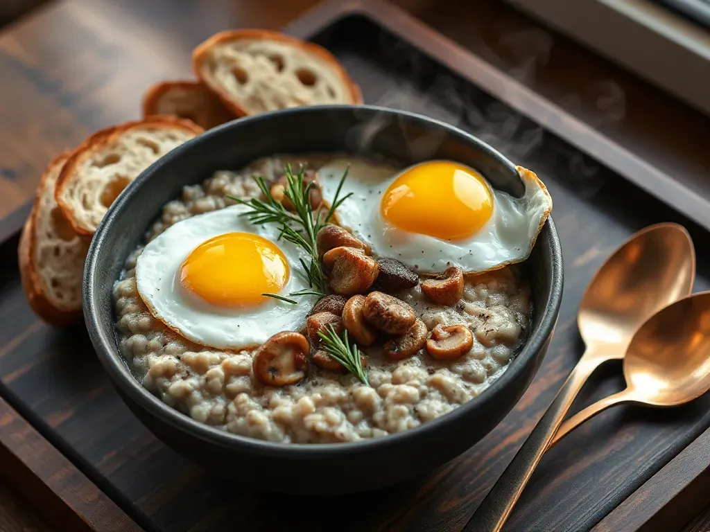 Rosemary Mushroom Oatmeal With Fried Eggs
