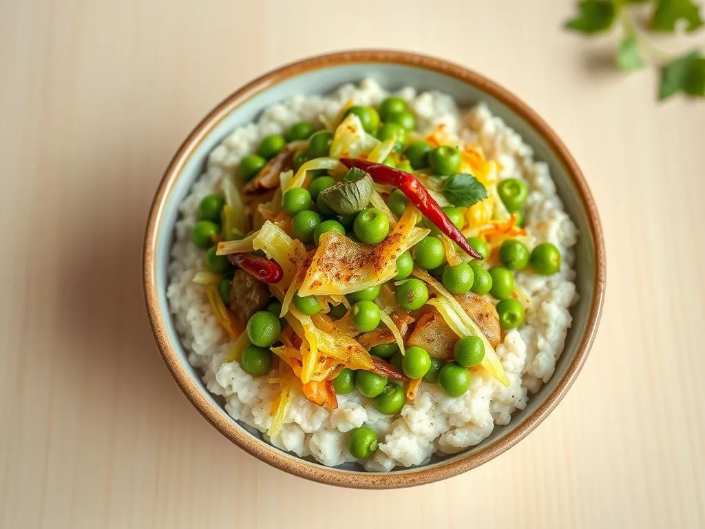Savory Oatmeal Bowl with Cabbage and Green Peas Stir Fry