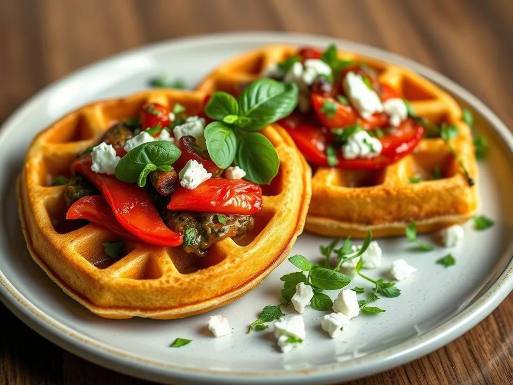 Savory Waffles With Roasted Peppers In Sun Dried Tomato Pesto
