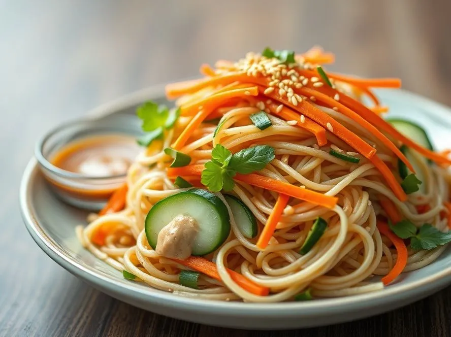 Sesame Millet Noodle Salad with Raw Carrots, Cucumbers & Spicy Peanut Dressing