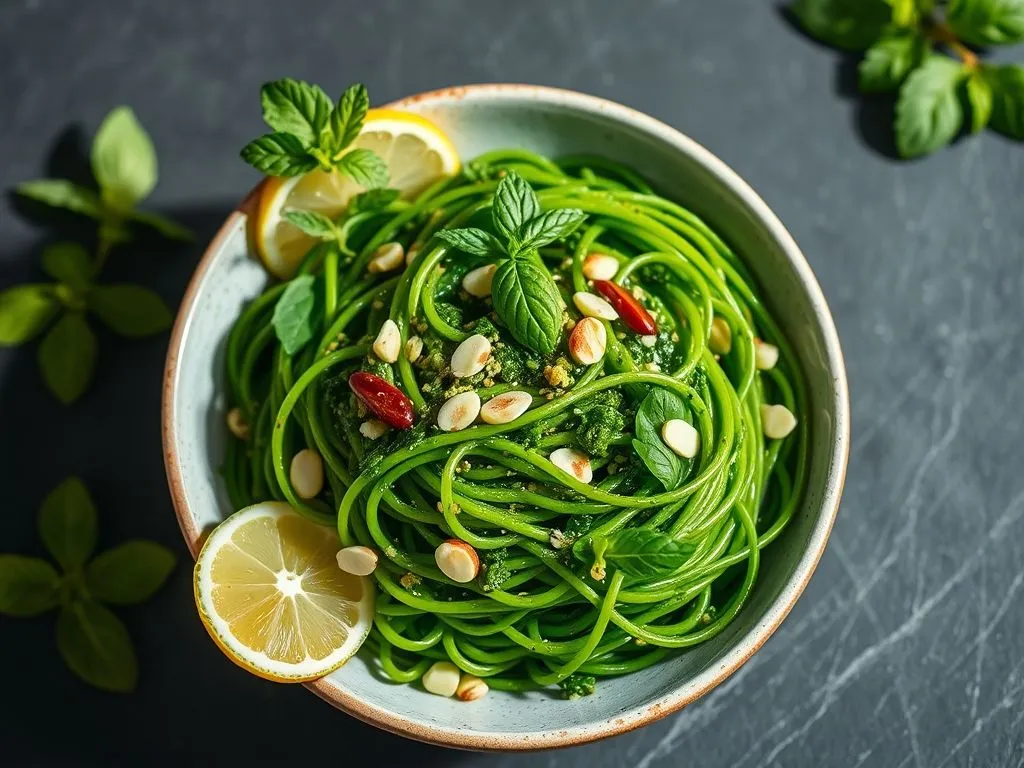 Spirulina and Mint Basil Pesto Pasta