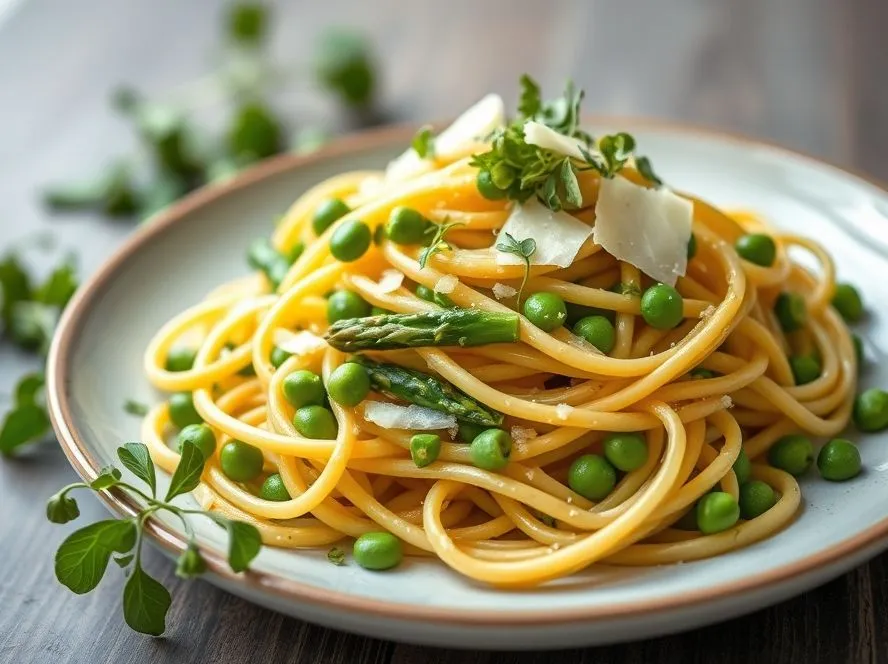Spring Vegetables Tagliatelle Pasta in Mustard Lemon Basil Sauce