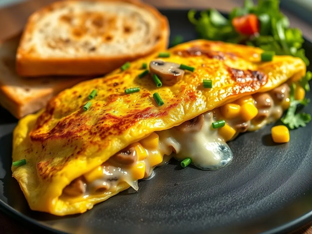 Stuffed Omelette With Cheesy Garlic Mushroom & Corn