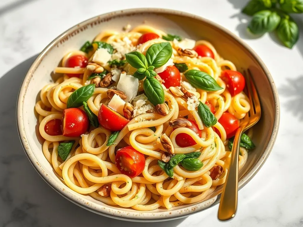 Tri Color Rotini Spirali Pasta Tossed in Creamy Basil Sauce