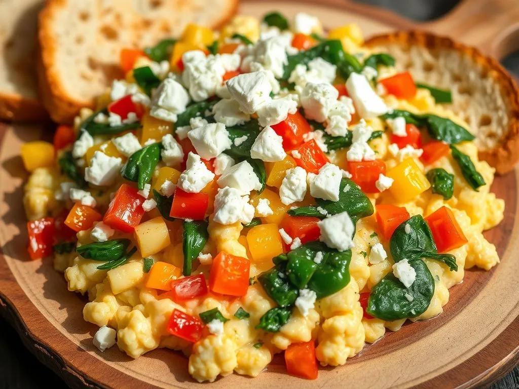 Vegetable Scrambled Eggs Topped with Feta
