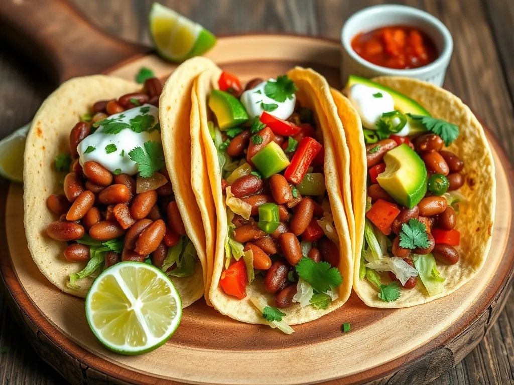 Vegetarian Mexican Tacos With Baked Beans, Peppers and Salad