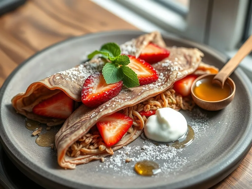 Whole Wheat And Ragi Crepe With Muesli And Strawberry