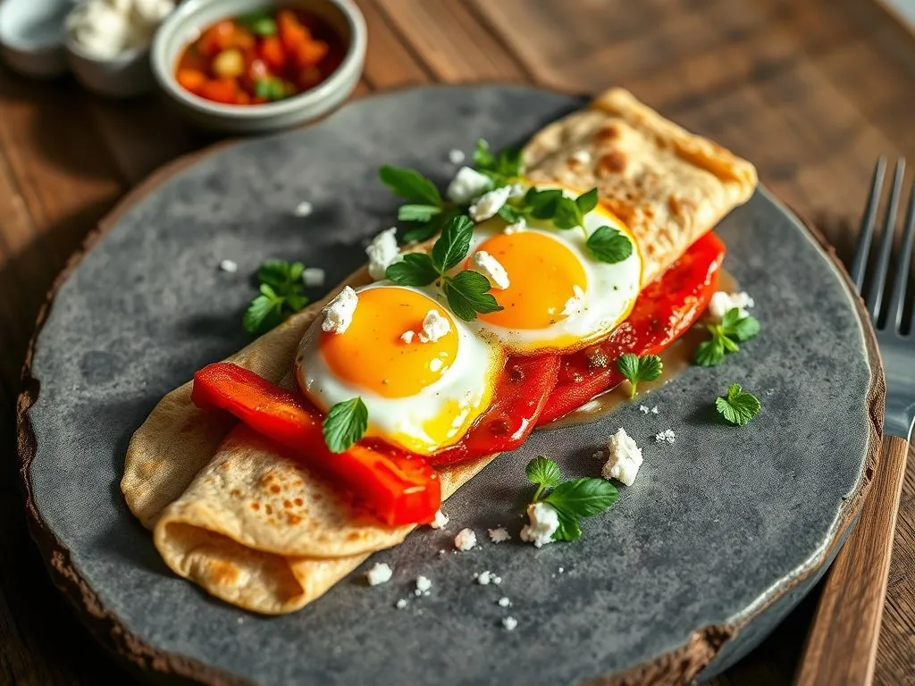 Whole Wheat Crepe With Eggs And Roasted Peppers